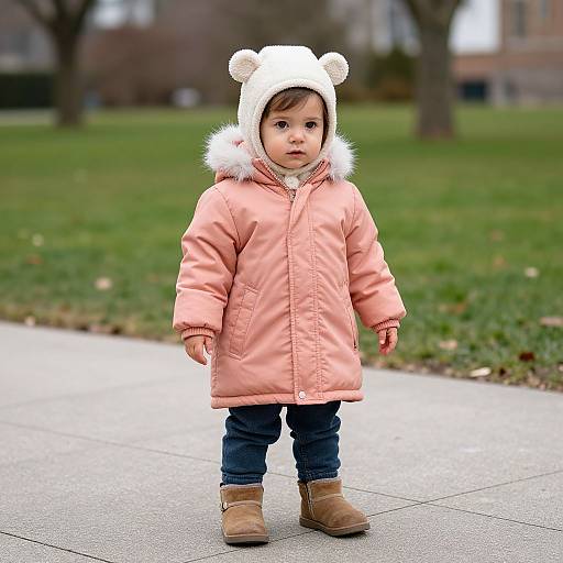 Photograph of a young girl standing on a sidewalk, wearing a pink puffy coat, white bear-eared hat, blue jeans, and brown boots