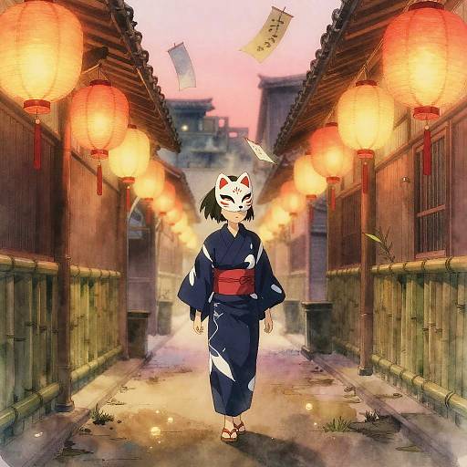 Teenage Girl in Fox Mask and Yukata in Lantern-lit Japanese Alley