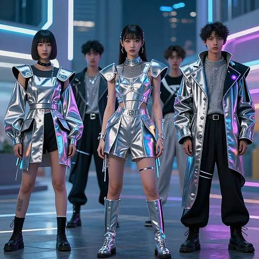 Photograph of four Asian models in futuristic, metallic silver outfits with neon lights, standing in a neon-lit urban night scene.