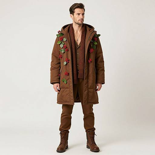 Photograph of a dark-haired, bearded man in a brown, floral-embellished coat, brown pants, and boots, standing against a