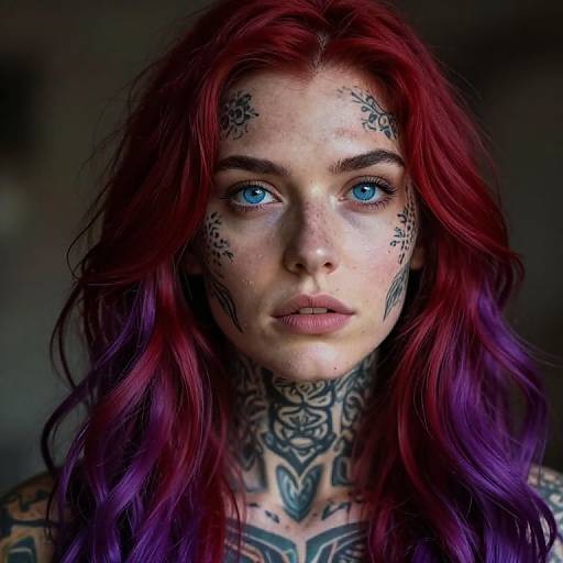 Photograph of a pale-skinned woman with striking blue eyes, red-to-purple ombre hair, and intricate black tattoos on her face and neck