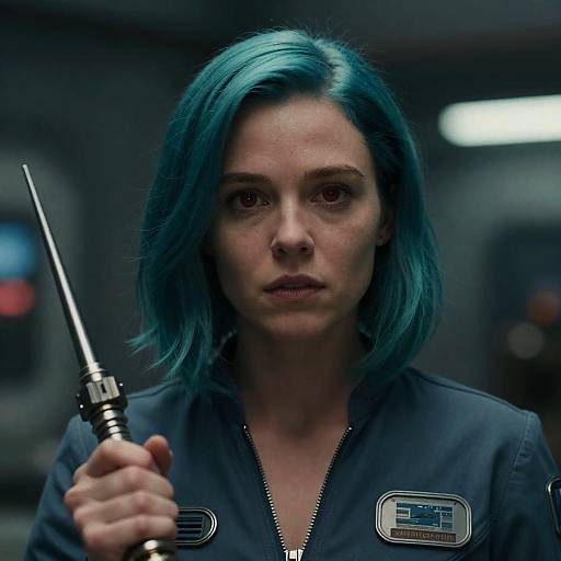Photograph of a serious woman with teal hair, holding a futuristic device, wearing a dark zip-up uniform with a blue emblem, in a dimly