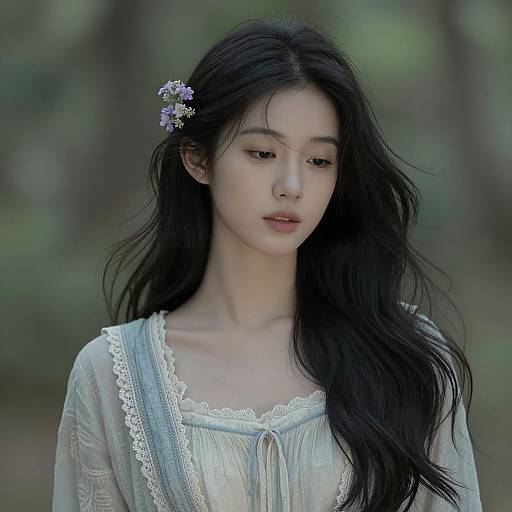 Photograph of an East Asian woman with long black hair, wearing a light blue lace-trimmed blouse, adorned with purple flowers, standing in a