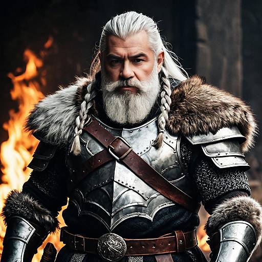 Fantasy Dwarf Warrior in Armor with Fire Background