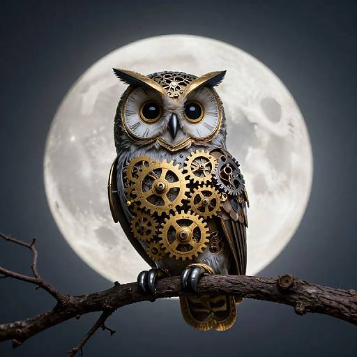 Photorealistic digital art of a steampunk owl with gears on its body, perched on a branch against a full moon.