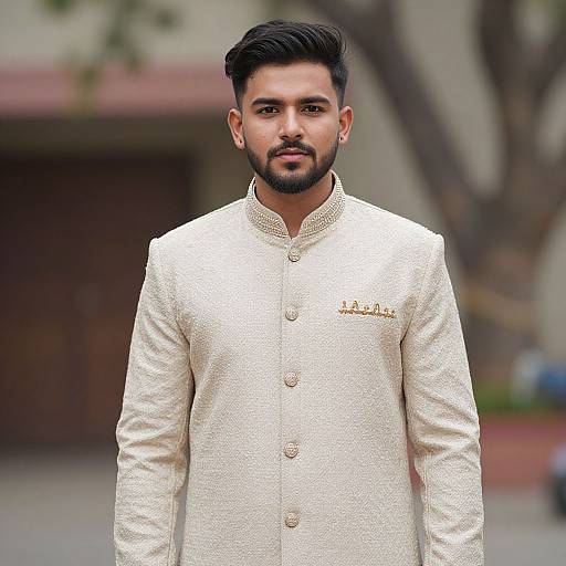 Photograph of a handsome young Indian man with dark hair and beard, wearing a white, embroidered, long-sleeved traditional kurta, standing outdoors