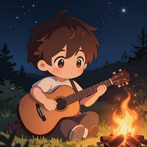 Anime Boy Playing Guitar Under Stars
