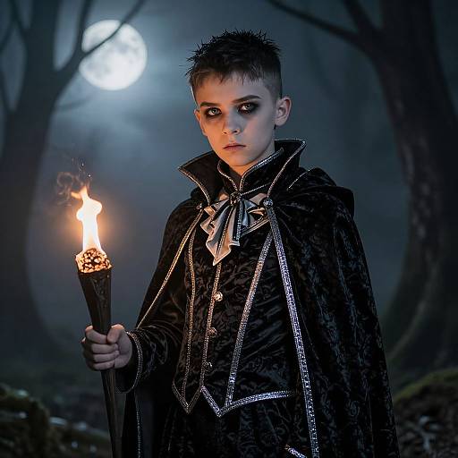 Photograph of a young boy with spiky hair, wearing a black velvet vampire cloak, holding a torch in a misty forest at night with a