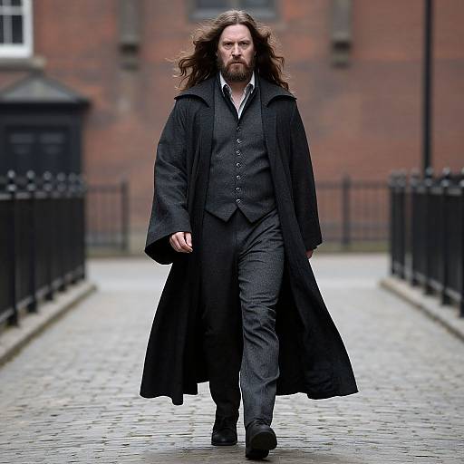 Photograph of a long-haired, bearded man in a black coat, vest, and trousers walking on a cobblestone path, with a red