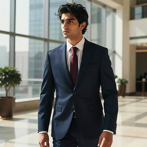 Photograph of a young South Asian man with curly black hair, wearing a dark blue suit, white shirt, and maroon tie, standing in a