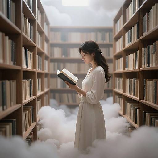 Photograph-like digital art: A young Asian woman with long black hair in a white dress stands amidst bookshelves, surrounded by fluffy white clouds,