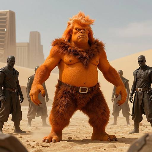 Photograph-like CGI of a muscular, orange-furred, humanoid creature with a mohawk, wearing fur loincloth, standing in desert with black