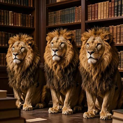 Photograph of three majestic lions with dark manes standing side by side in a dimly lit library, surrounded by tall bookshelves filled with old