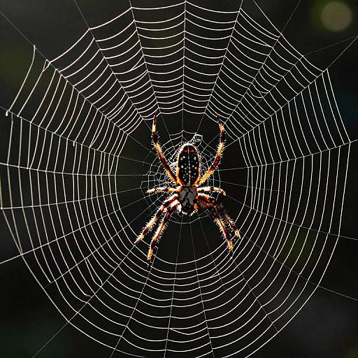 Photograph of a brightly colored spider centered on its intricate, glowing spiderweb against a dark, out-of-focus background.