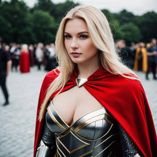 Blonde Woman in Armor Costume with Red Cape