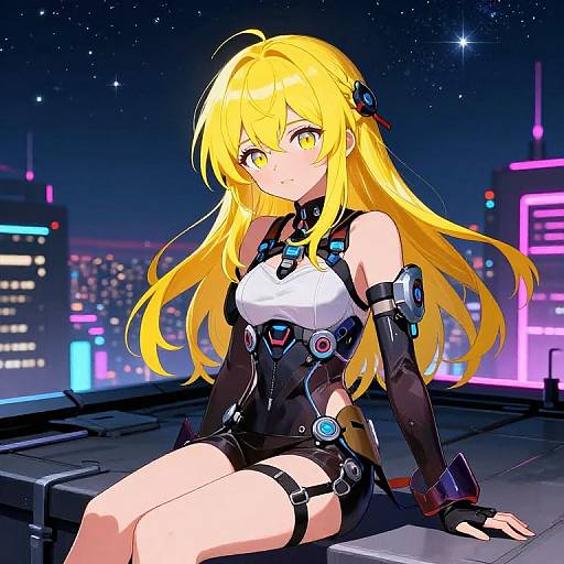 Digital anime-style drawing of a blonde girl with yellow eyes, wearing a futuristic black and white bodysuit, sitting on a rooftop at night with a