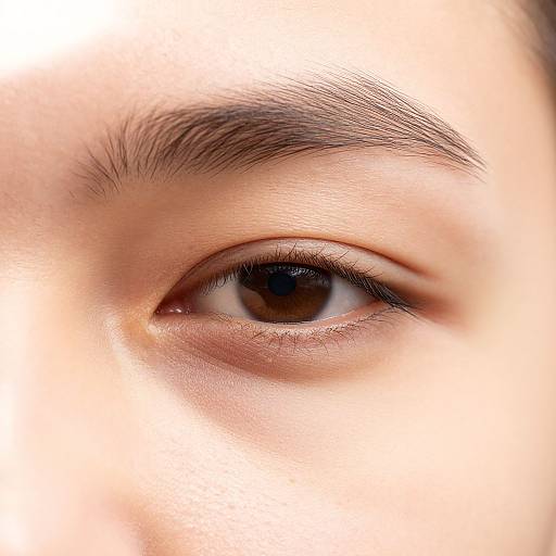 Close-up photograph of a brown eye with dark eyelashes, light skin, and a thick, well-groomed eyebrow, against a white background.