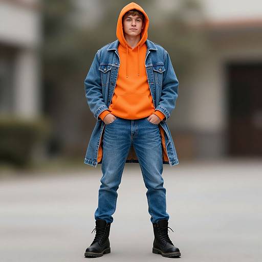 Photograph of a young man in an orange hoodie, denim jacket, blue jeans, and black boots, standing confidently with hands in pockets, hood up