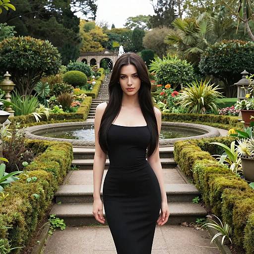 Photograph of a tall, dark-haired woman in a form-fitting black dress, standing in a lush, manicured garden with a circular fountain and