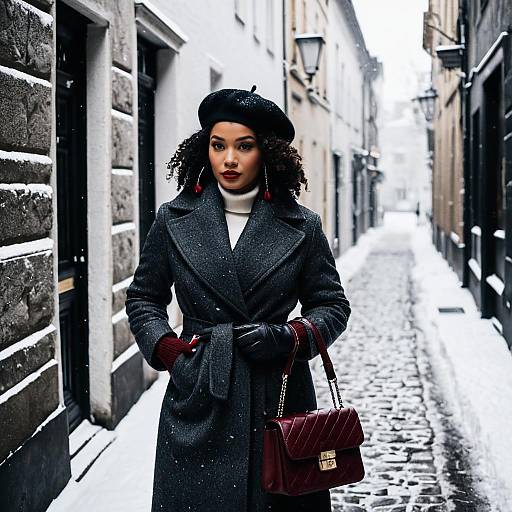 Woman in Classic Winter Fashion on Snowy Street