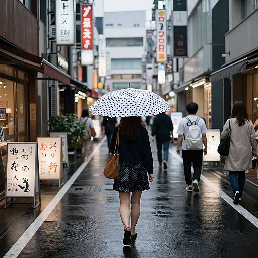 Photograph of a rainy urban street at night, featuring a woman with long hair, black polka dot dress, and white polka dot umbrella,