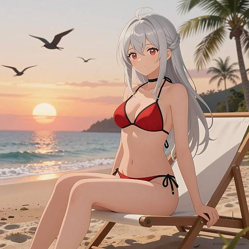 Sunset Beach Scene with Silver-Haired Woman