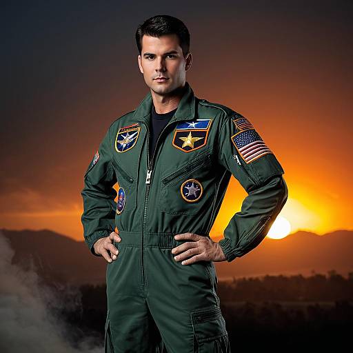 Man in Military Pilot Flight Suit at Sunset