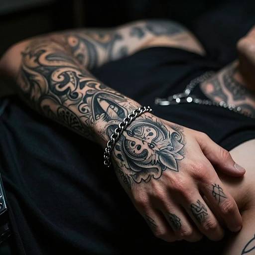 Photograph of a heavily tattooed hand with intricate black and gray designs, wearing a silver chain bracelet and black shirt.