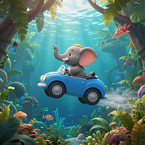 CGI illustration of a joyful cartoon elephant driving a blue toy car through a vibrant underwater jungle, illuminated by sunlight filtering through lush green foliage.