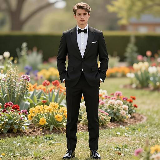 Elegant Tuxedo Man in Vibrant Garden