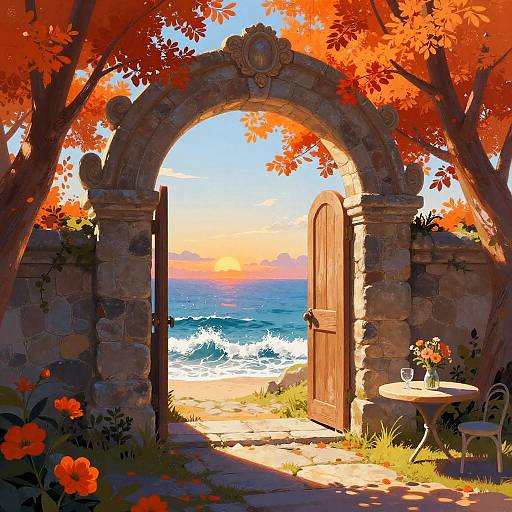 Fantasy Ocean View Through Stone Archway