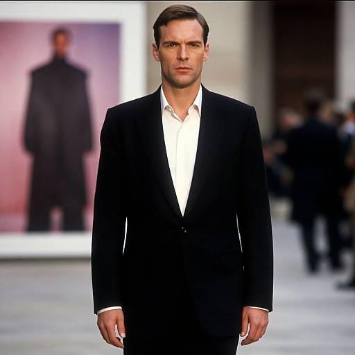 Photograph of a handsome Caucasian male model with short brown hair, in a black suit and white shirt, walking a fashion runway. Blurred background with