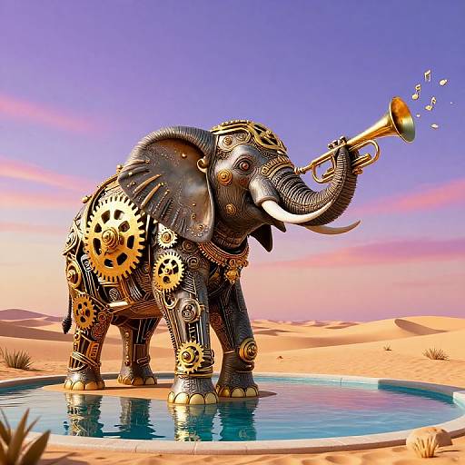 Clockwork Elephant in Surreal Desert