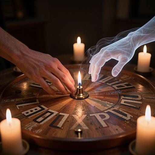 Photograph of a hand lighting a wooden spinning wheel with a candle, surrounded by glowing candles, featuring a ghostly, translucent hand. Dark, mo