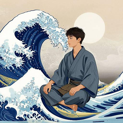 Digital illustration of a calm Asian man in a blue yukata, seated on a wave, gazing at a large, white sun, with a
