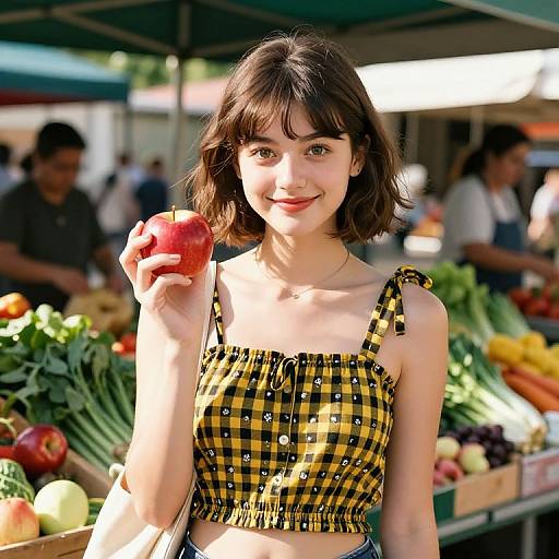 Photograph of a young woman with short brown hair, wearing a yellow and black checkered crop top, holding a red apple, standing at a vibrant
