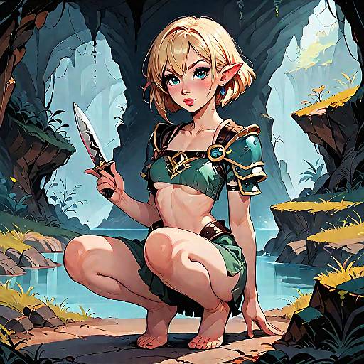 Blonde Girl in Cave with Knife