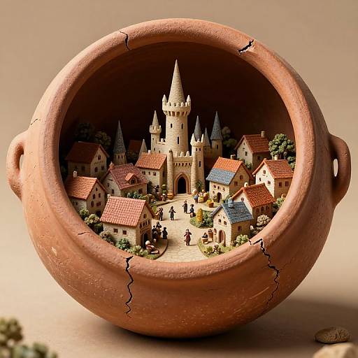 Photograph of a detailed miniature medieval village inside a cracked, brown clay pot with a beige background, featuring a central castle and red-roofed houses