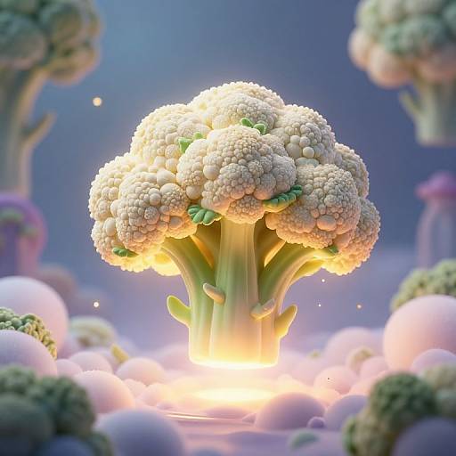 Digital CGI of a glowing white cauliflower emerging from a luminous pool, surrounded by blurred, floating cauliflowers in a dreamy, purple-blue