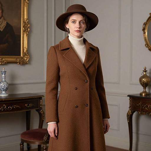 Photograph of a fair-skinned woman with red lipstick, wearing a brown hat, brown double-breasted coat, white turtleneck, standing in