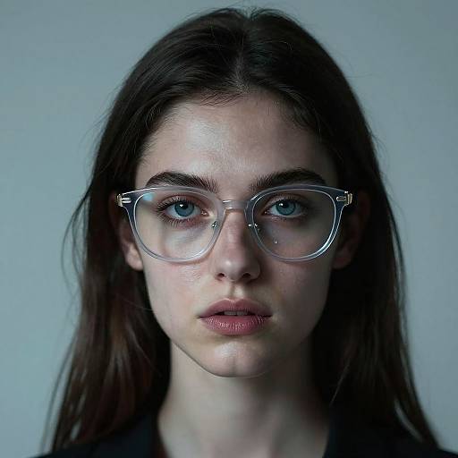Photograph of a young woman with fair skin, blue eyes, and straight dark brown hair, wearing clear plastic glasses, against a plain blue-gray background