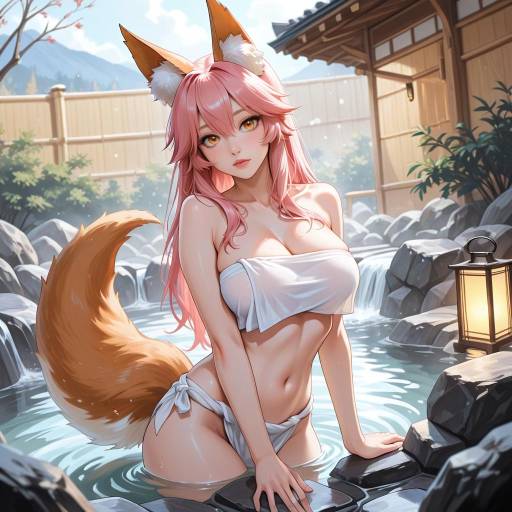 Fox Girl in Onsen with Pink Hair