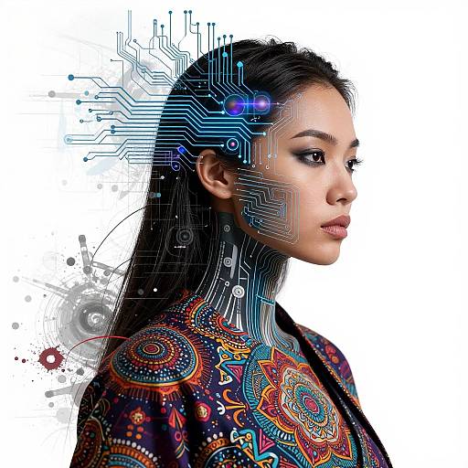 Photograph-style digital art of a confident Asian woman with long black hair, wearing a colorful, patterned shawl, integrated with circuitry and digital