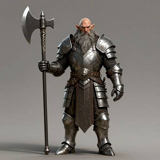 Digital CGI of a muscular, bald, bearded dwarf warrior in shiny black armor holding a large, ornate axe, standing against a gray gradient background