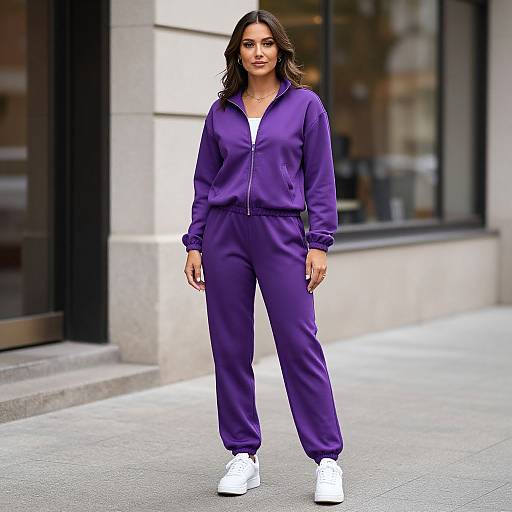 Photograph of a confident woman with wavy dark hair, wearing a purple zip-up tracksuit and white sneakers, standing on a city sidewalk.