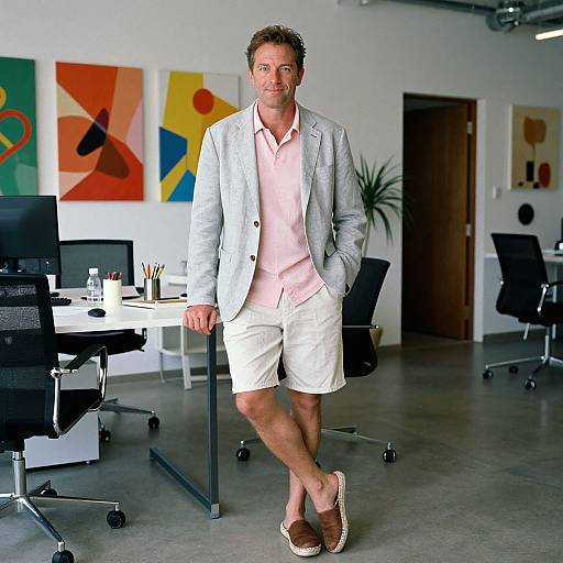 Photograph of a smiling man with short brown hair, wearing a light gray blazer, pink shirt, white shorts, and brown slip-ons, leaning