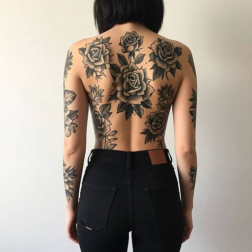 Photograph of a topless person with black shoulder-length hair, showcasing intricate black and gray rose tattoos on back and arms, wearing black high-wa