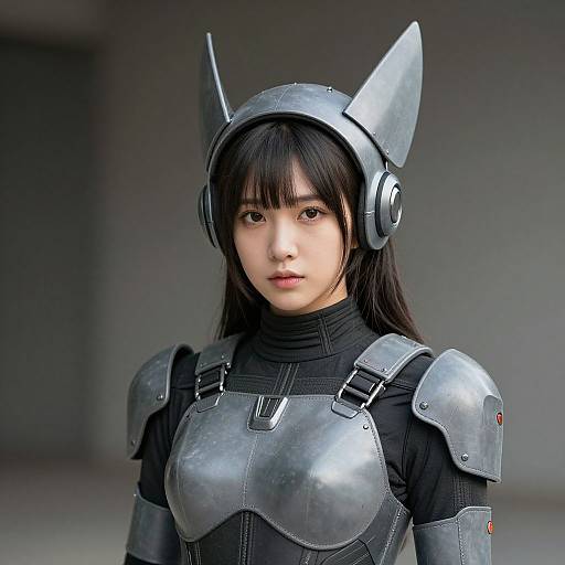 Photograph of an Asian woman with straight black hair, wearing futuristic metallic armor with cat-ear helmet, black high-neck top, and serious expression,