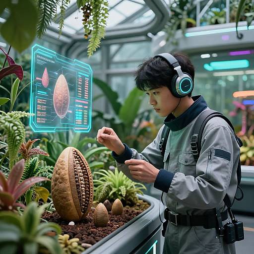 Young Asian man in futuristic gray jumpsuit and headphones, examining glowing holographic plant data in a lush, high-tech greenhouse.