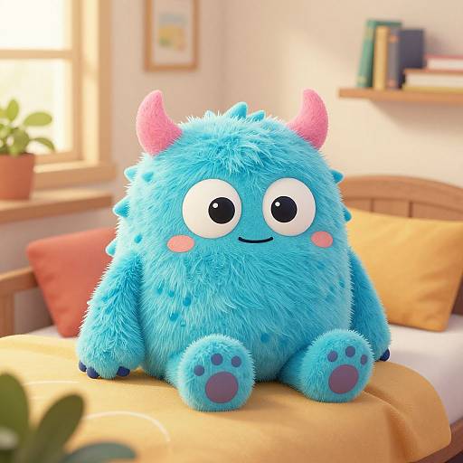 Photograph of a cute, plush, blue monster with pink horns, large eyes, and blushing cheeks, sitting on a yellow bed in a bright